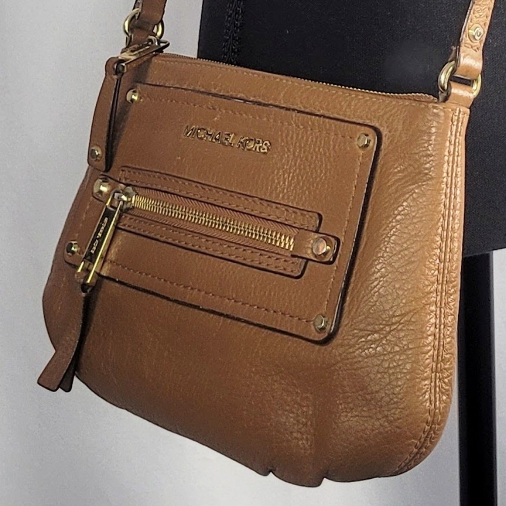 Michael Kors Pebbled Leather Crossbody Bag Brown MK Purse Gold Hardware - Picture 3 of 7